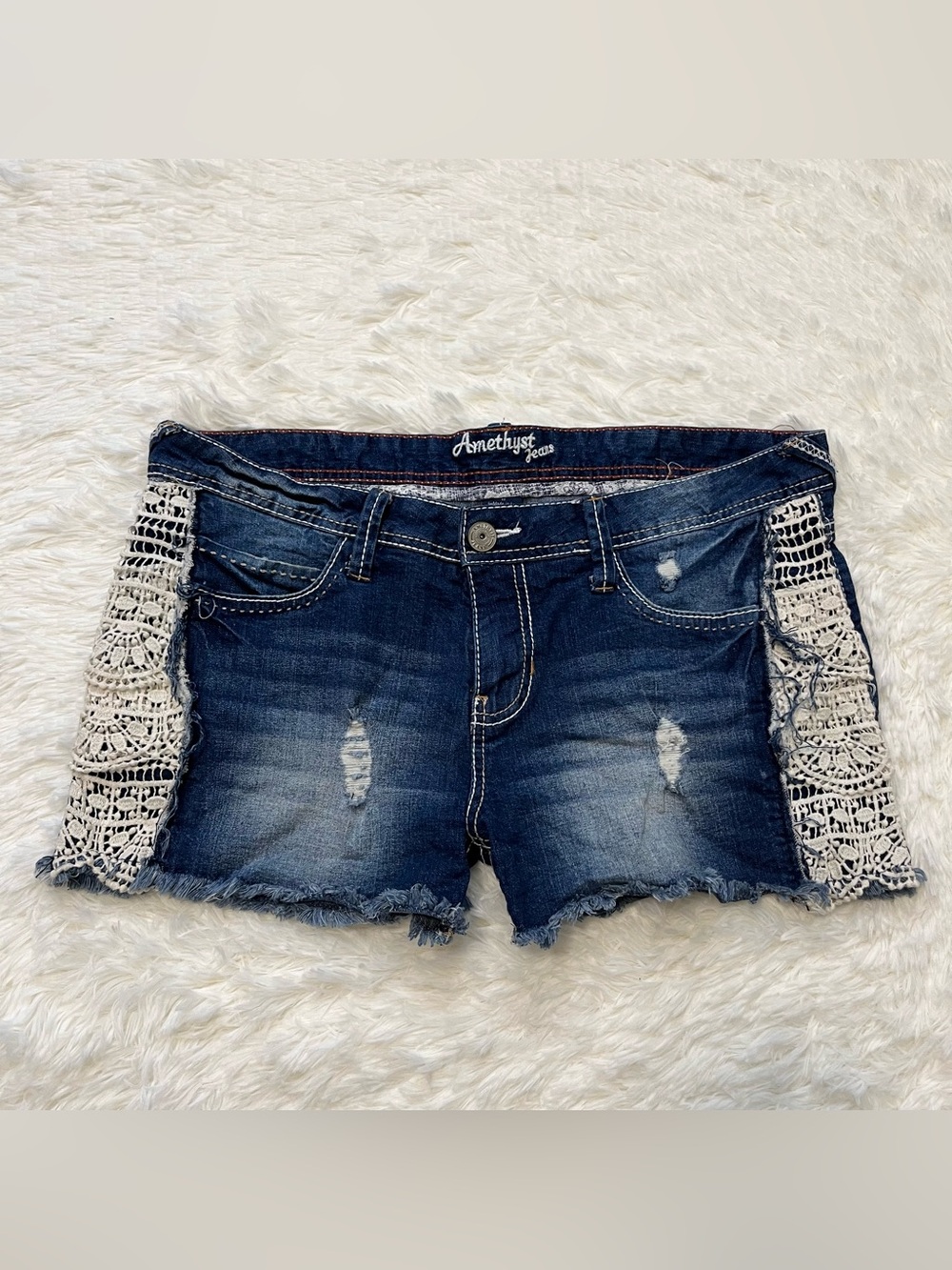 Boho mini jean shorts distressed blue
